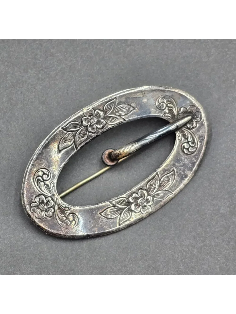 Antique Victorian Silver Oval Belt Buckle Brooch 3" Embossed Floral Accents - Picture 1 of 10